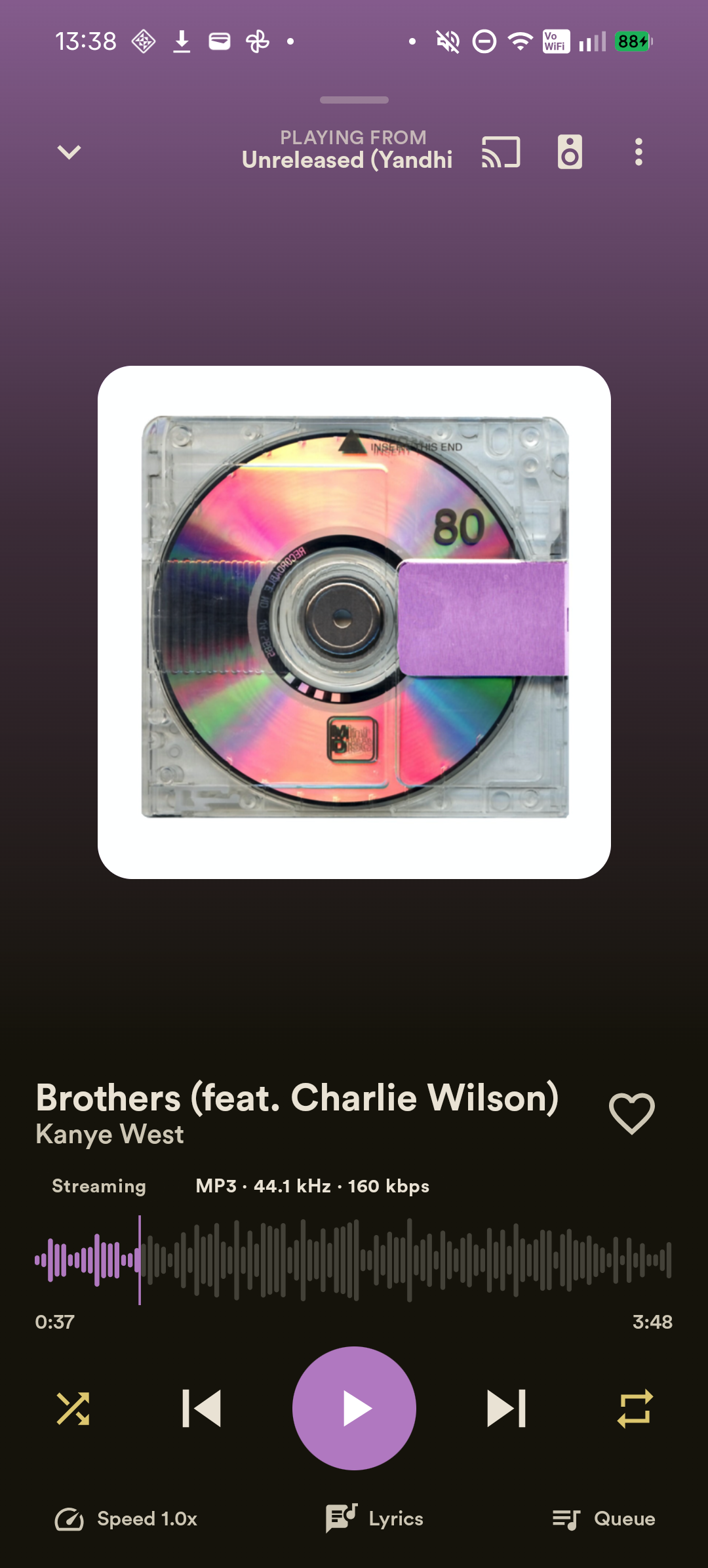 Aurora playing a track with album artwork, waveform, lyrics, and queue controls